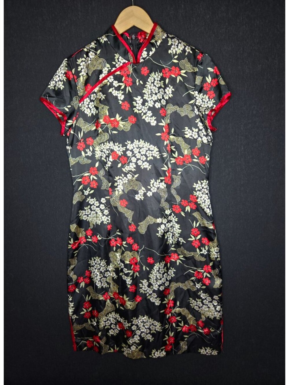 💙 CDC Black Floral Cheongsam Qipao Dress Size 14 Asian Inspired Y2K Cherry